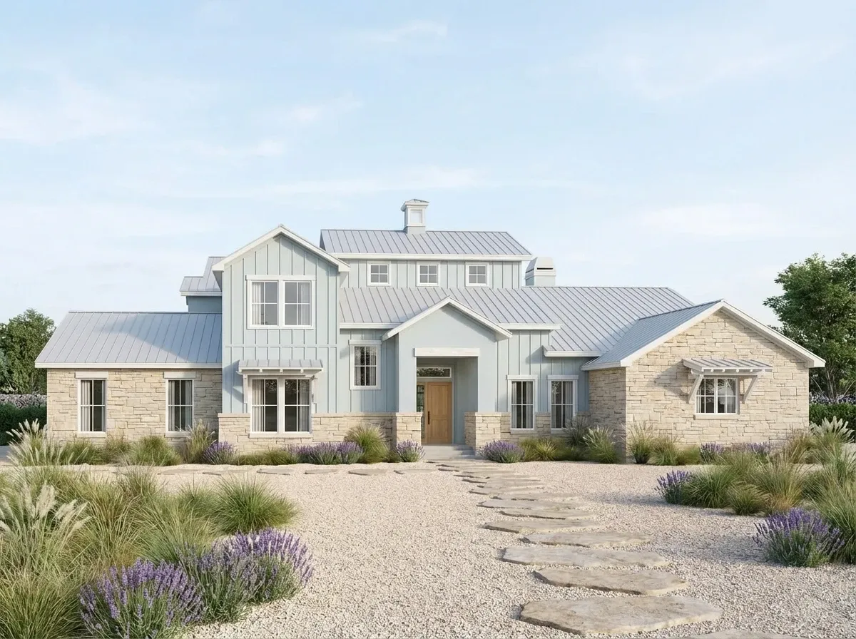 Coastal Farmhouse facade with blue siding and stacked stone