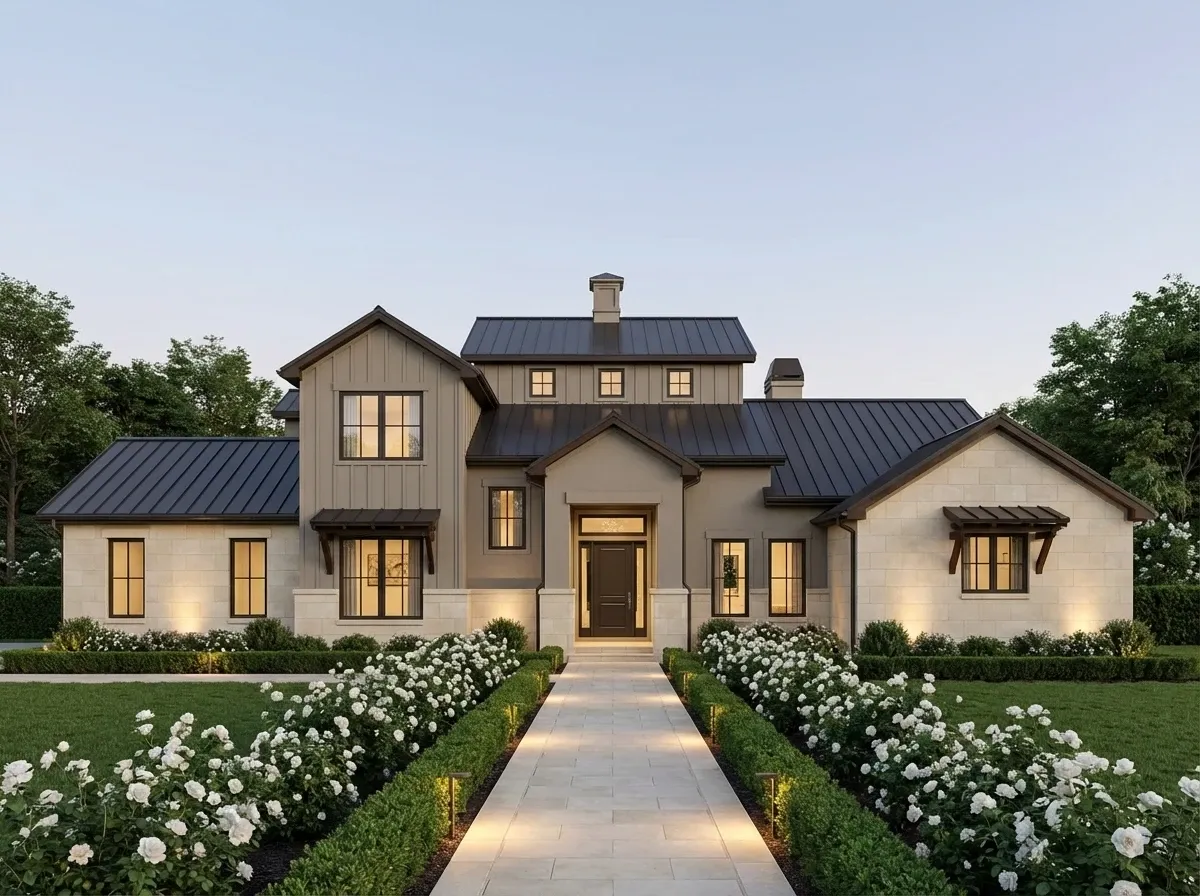 Transitional Elegance facade with taupe siding and cream stone