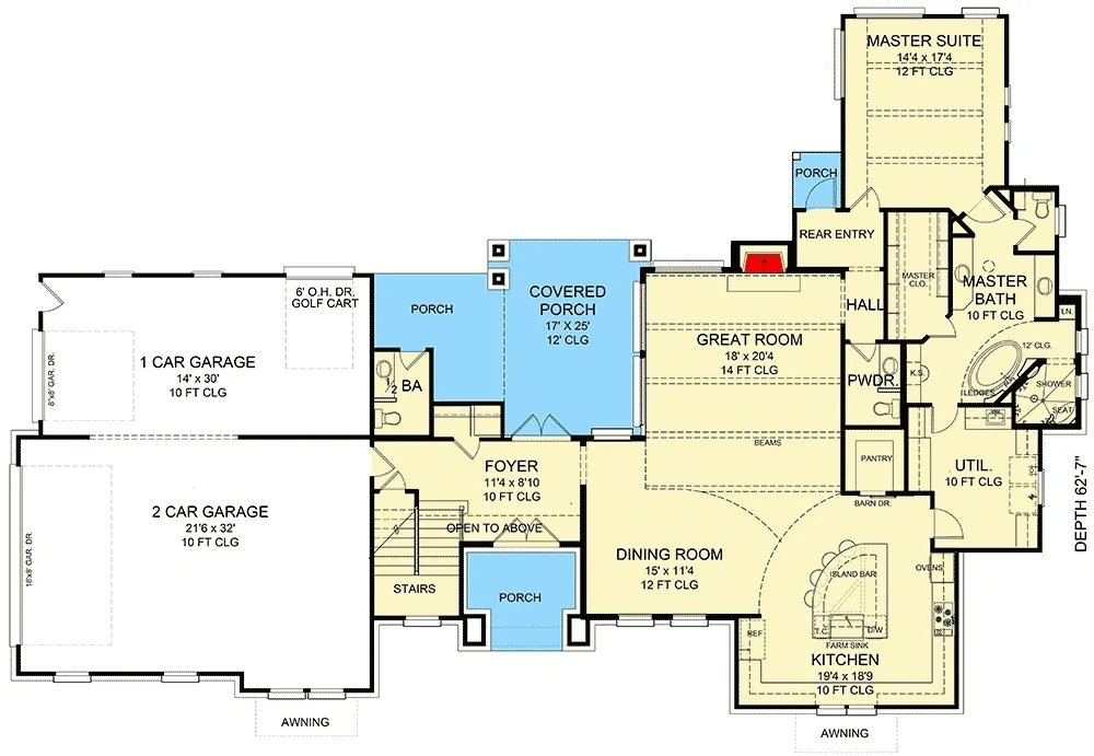 Main Level floor plan of Hill Country 3-bed house plan 54024LK