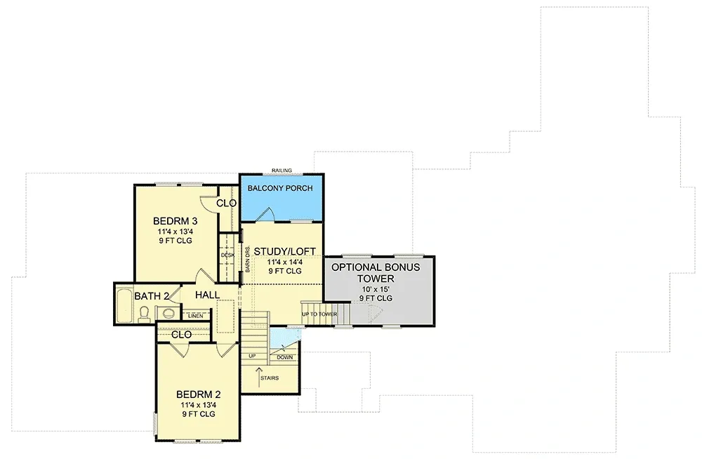 Second Floor plan with study loft and optional bonus tower, plan 54024LK