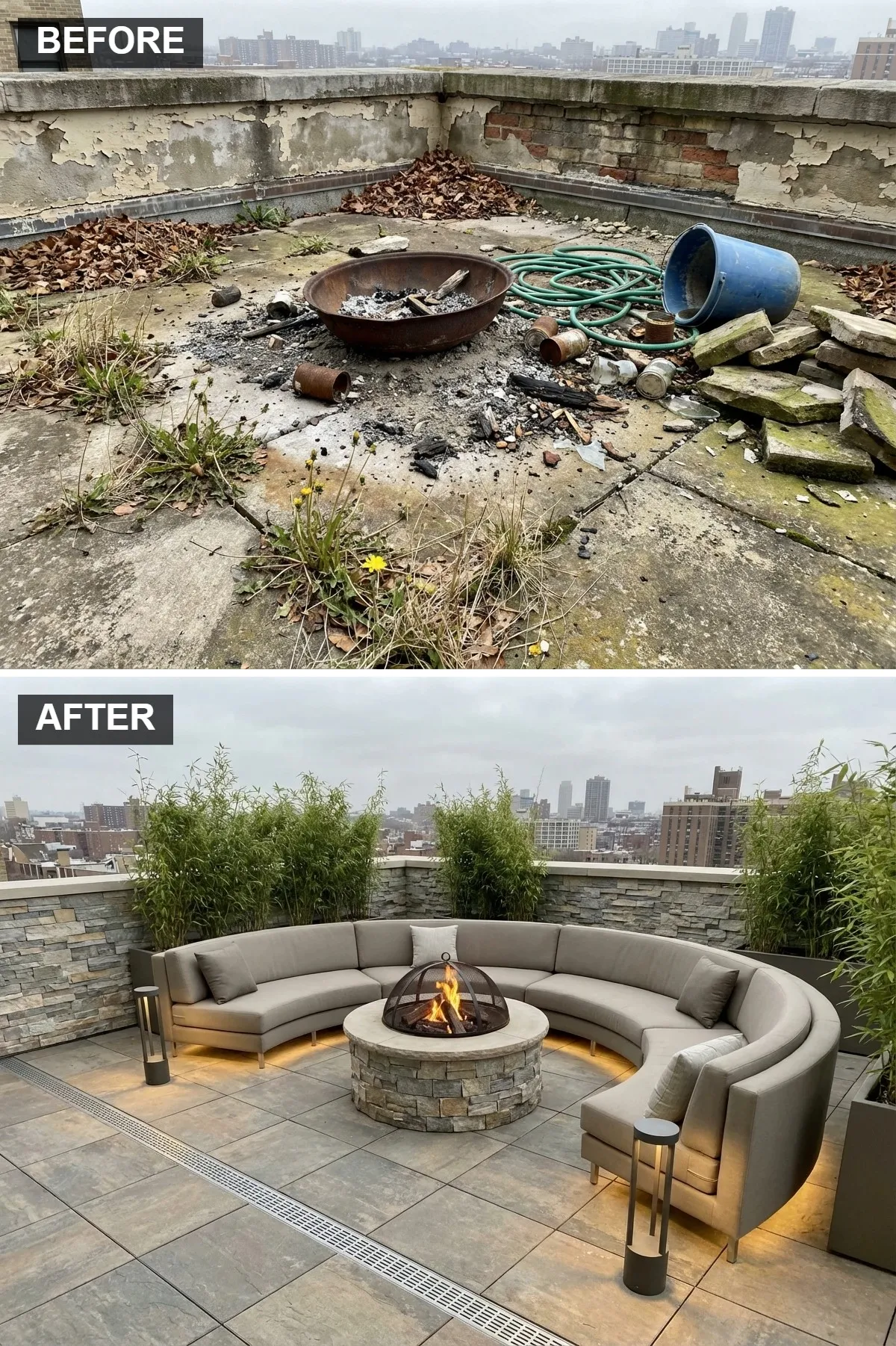 Luxurious Curved Sofa & Stone Fire Pit