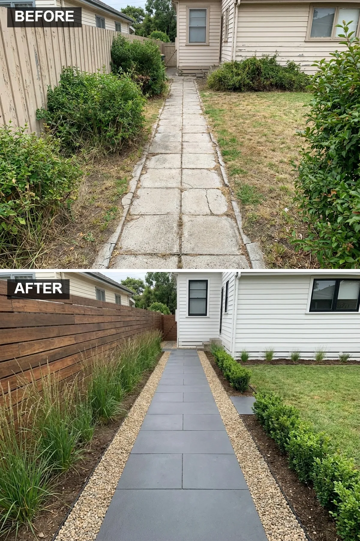 Sleek Modernity with Large Pavers and a Horizontal Fence