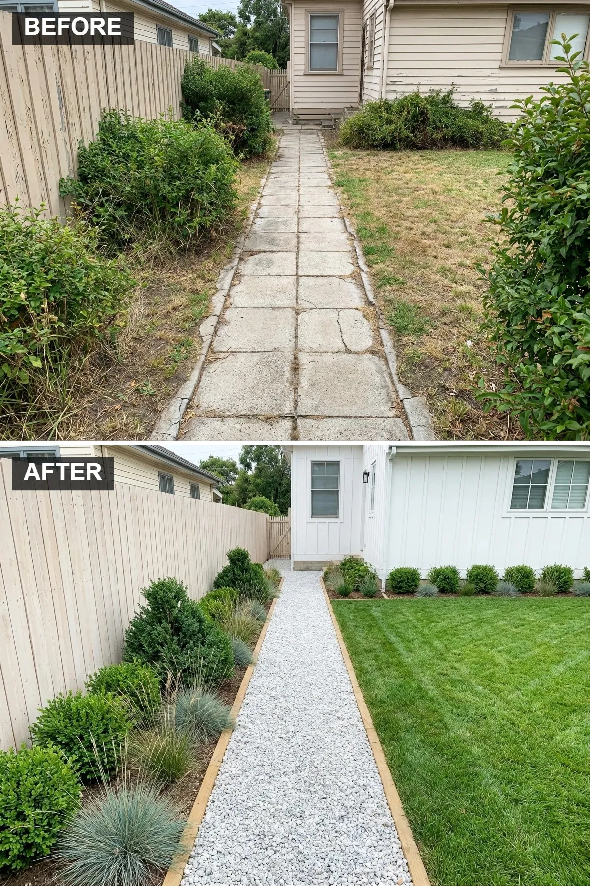 Bright and Clean White Gravel Path with a Vertical Fence