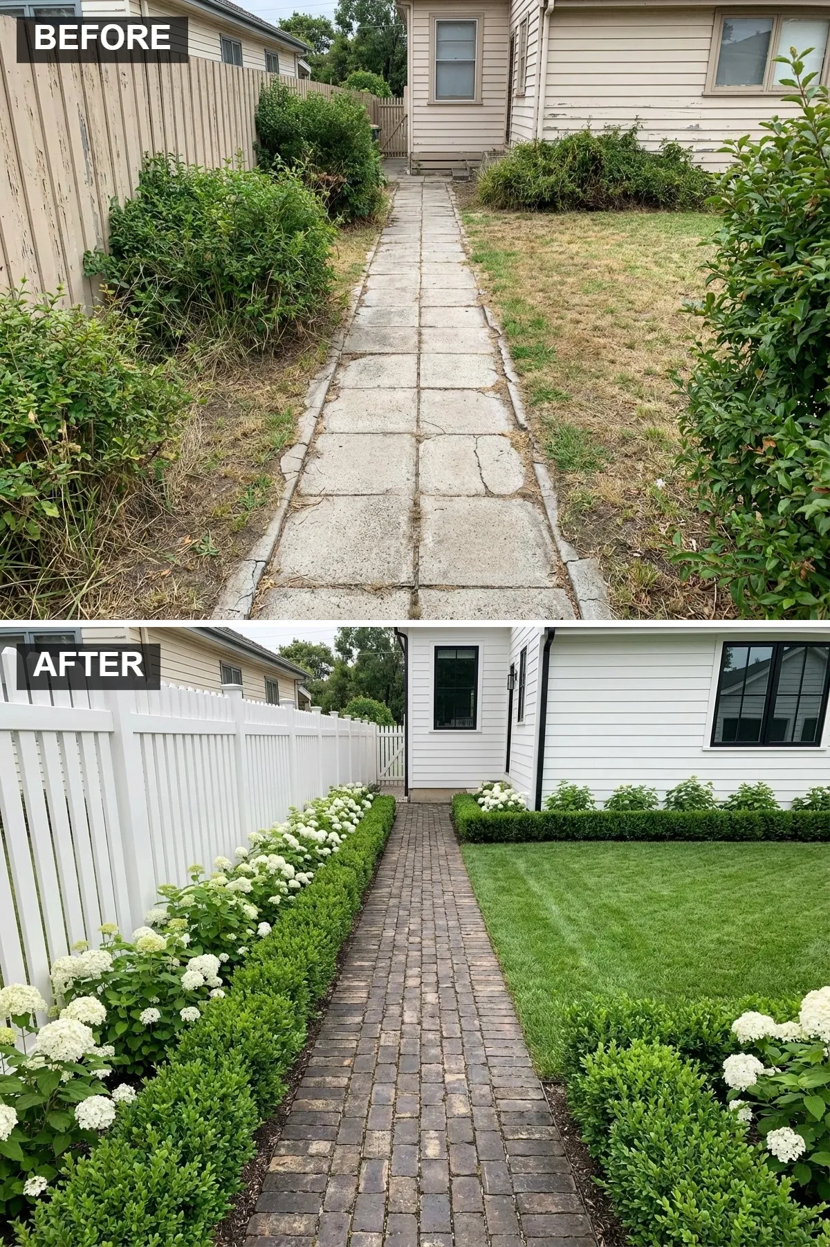 Classic Elegance with a Brick Path and White Picket Fence