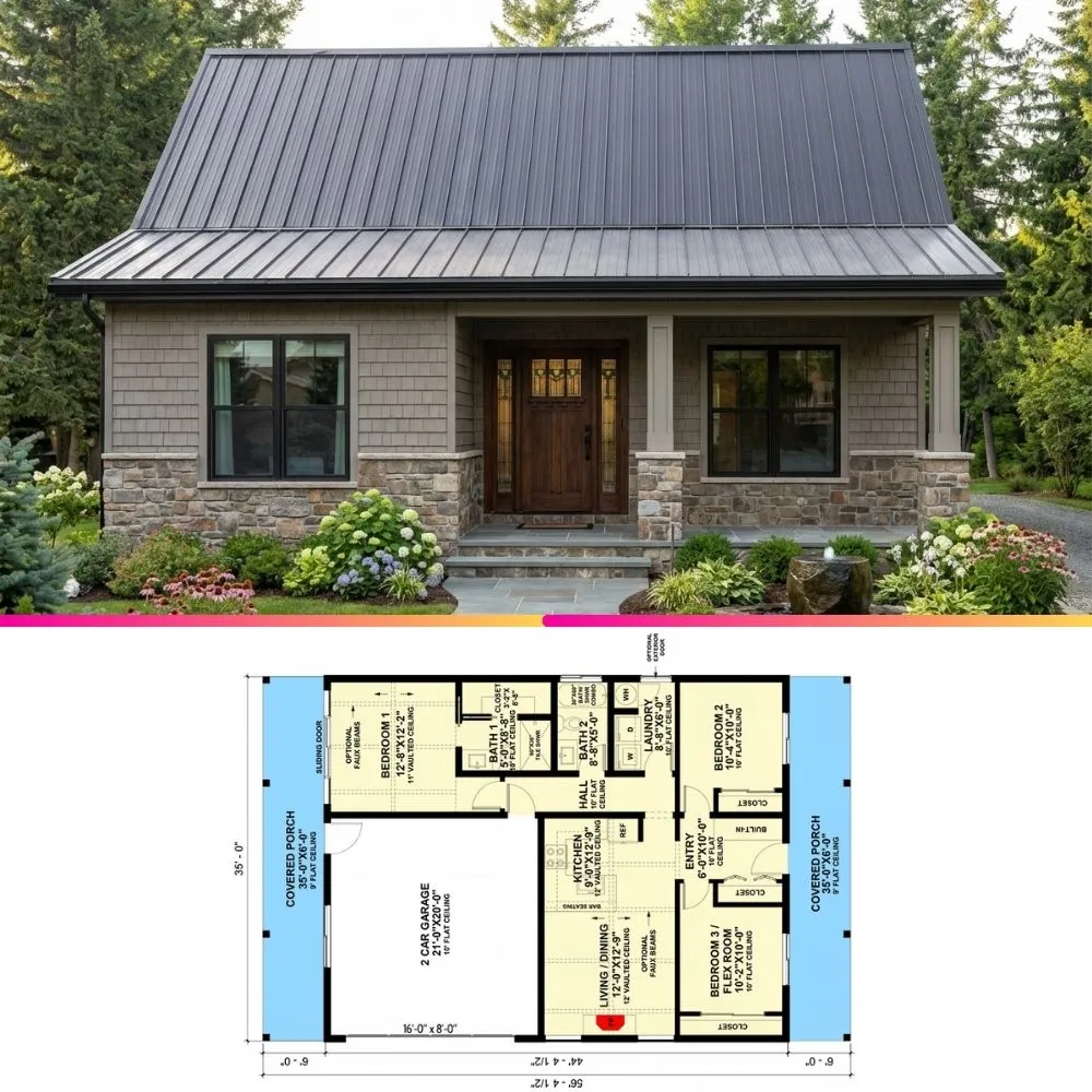 Efficient 2 Bed Modern Cottage Floor Plan (1,098 sq ft)