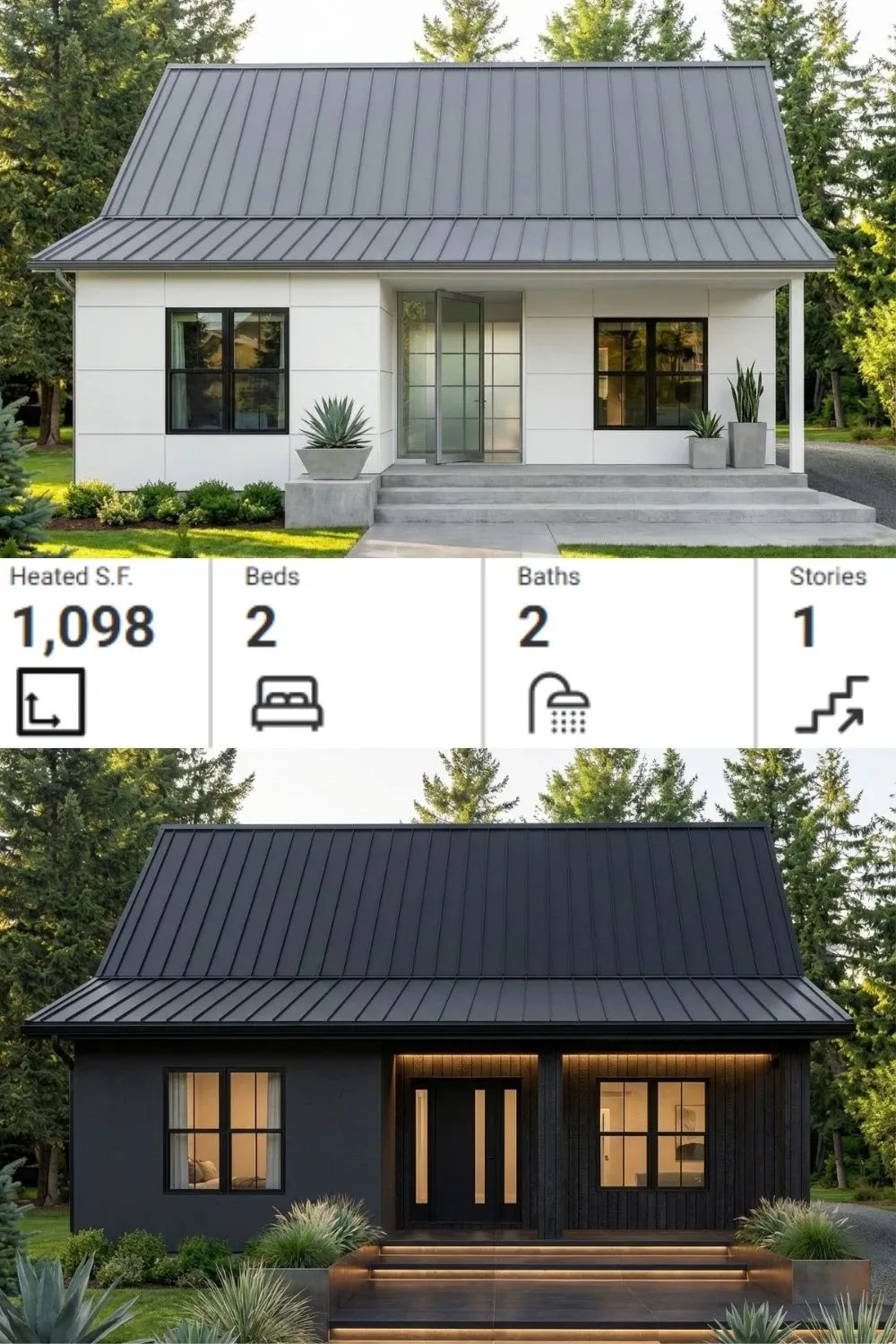 1,098 sq ft / 2 Bed / 2 Bath Cottage Plan - White vs. Dark Exterior