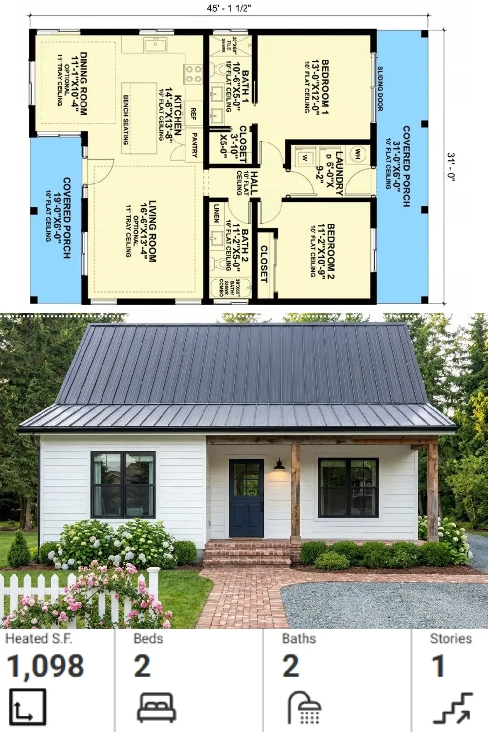 Classic White Cottage House Plan with Floor Plan & Specs