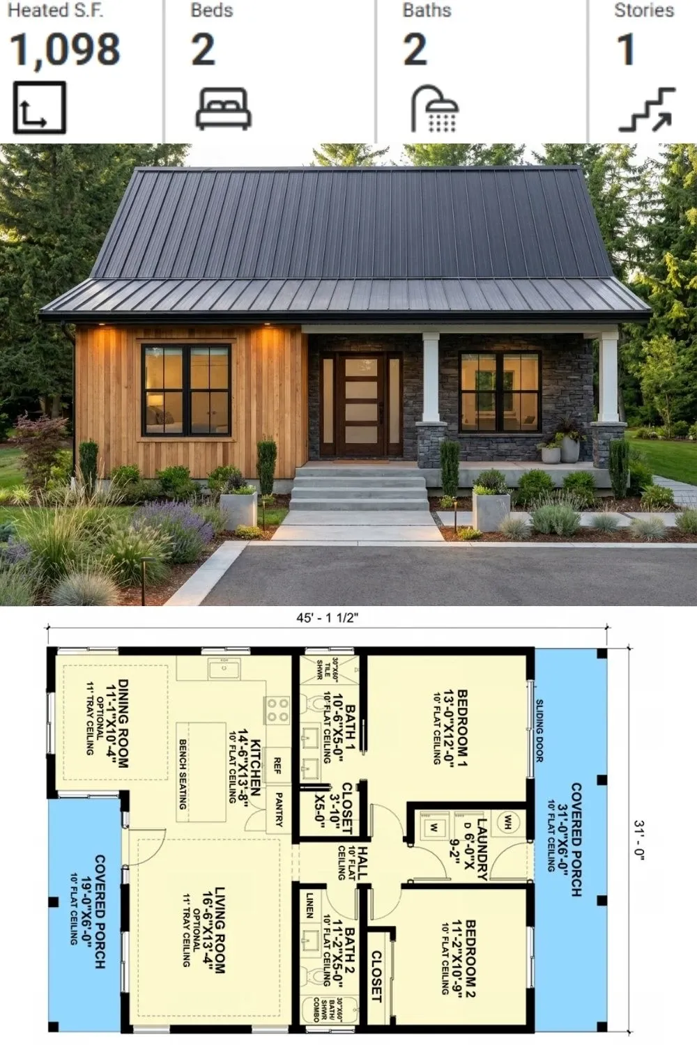 Modern Wood & Stone Cottage - Plan & Exterior View