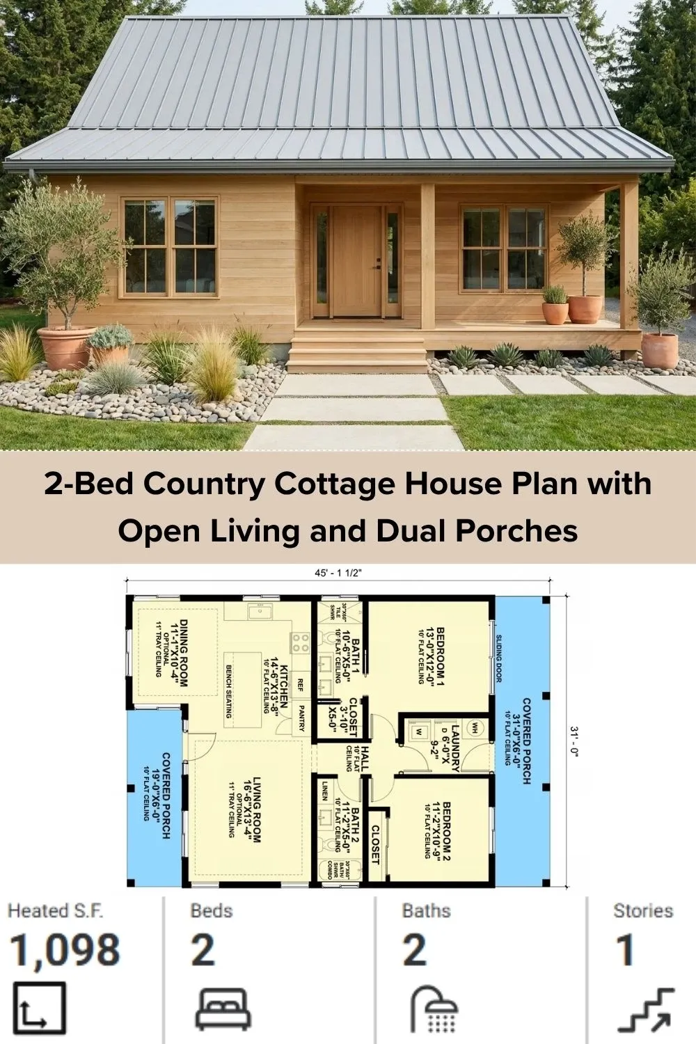 2-Bed Country Cottage Plan with Open Living & Dual Porches