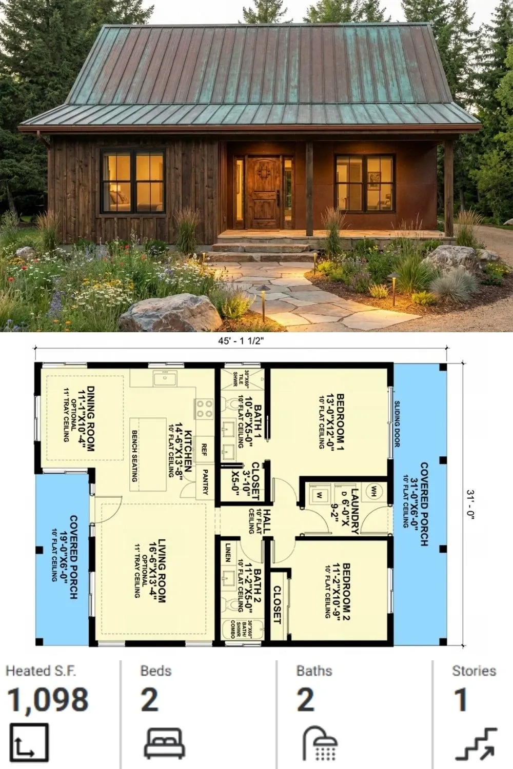 Rustic Cabin-Style Cottage Plan with Aged Metal Roof
