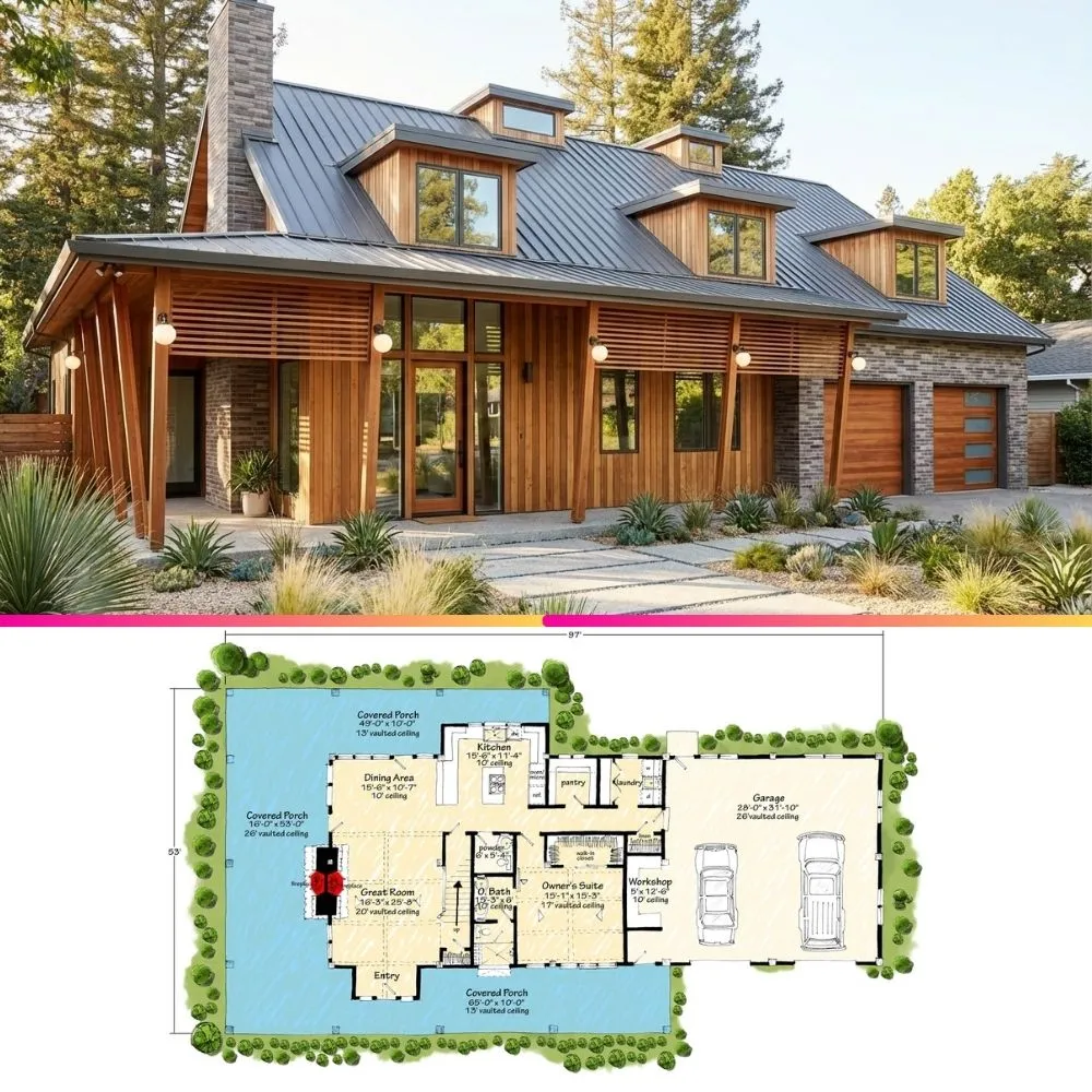 Modern Barndominium Plan with Massive Wrap Around Porch & Workshop