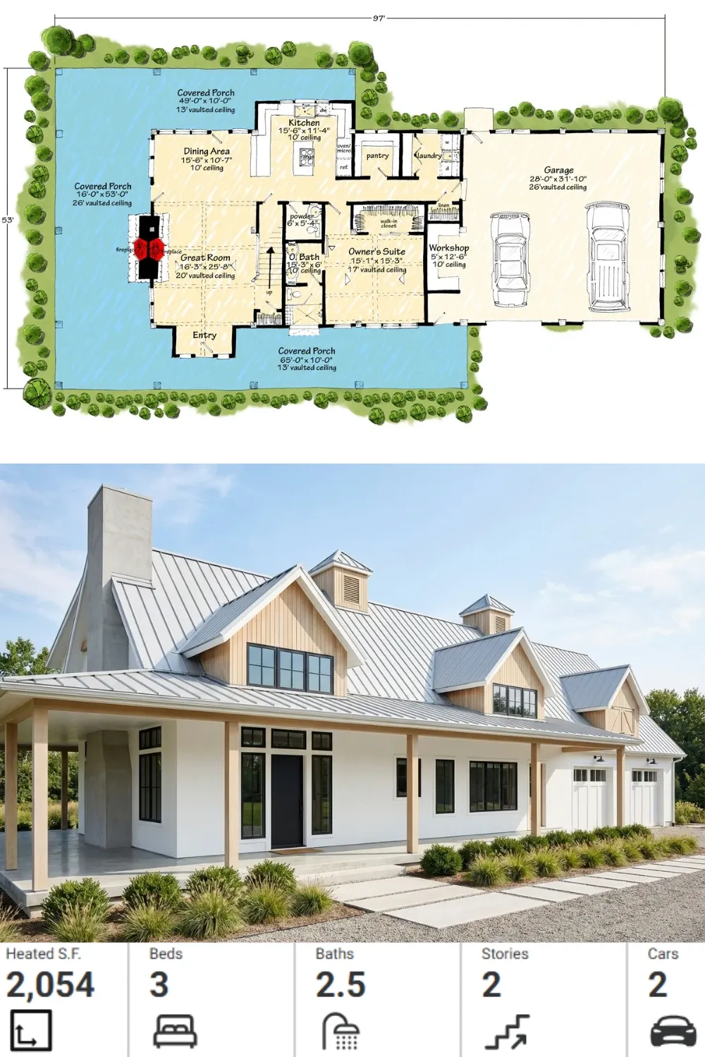 Modern Minimalist Farmhouse Plan | Open Concept & Workshop