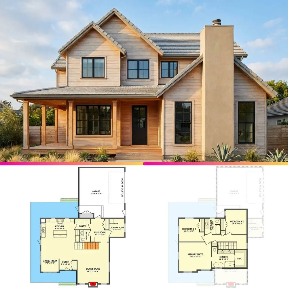 2 Story Modern Farmhouse Plan with Wrap Around Porch