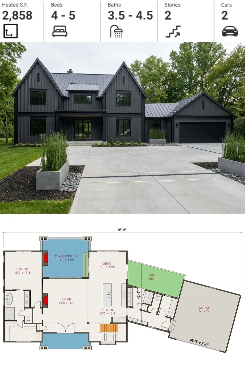 Bold Black Modern Farmhouse Plan - 2,858 Sq Ft