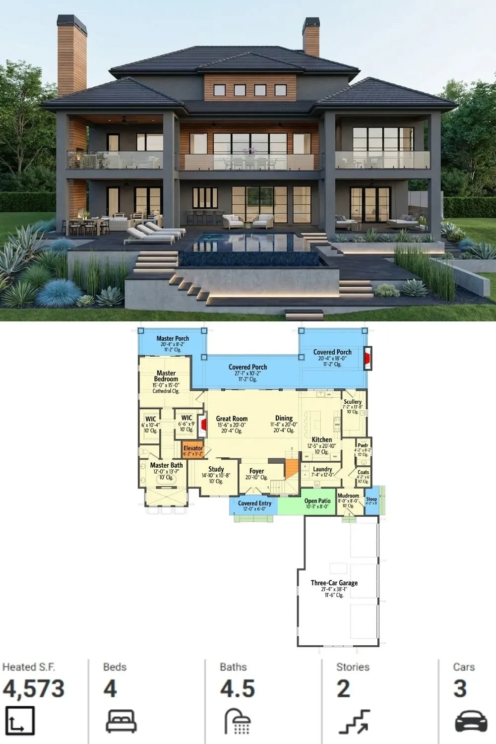 Contemporary Home Plan with Terraced Pool & Patio