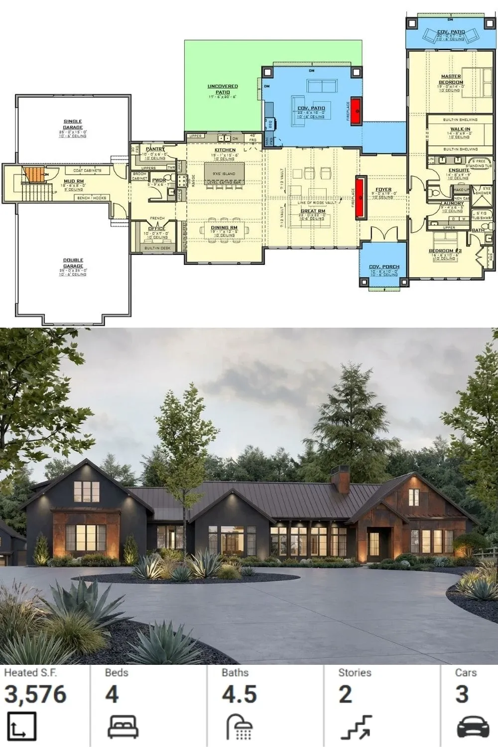 4-Bed Modern Mountain Ranch Plan with 3-Car Garage