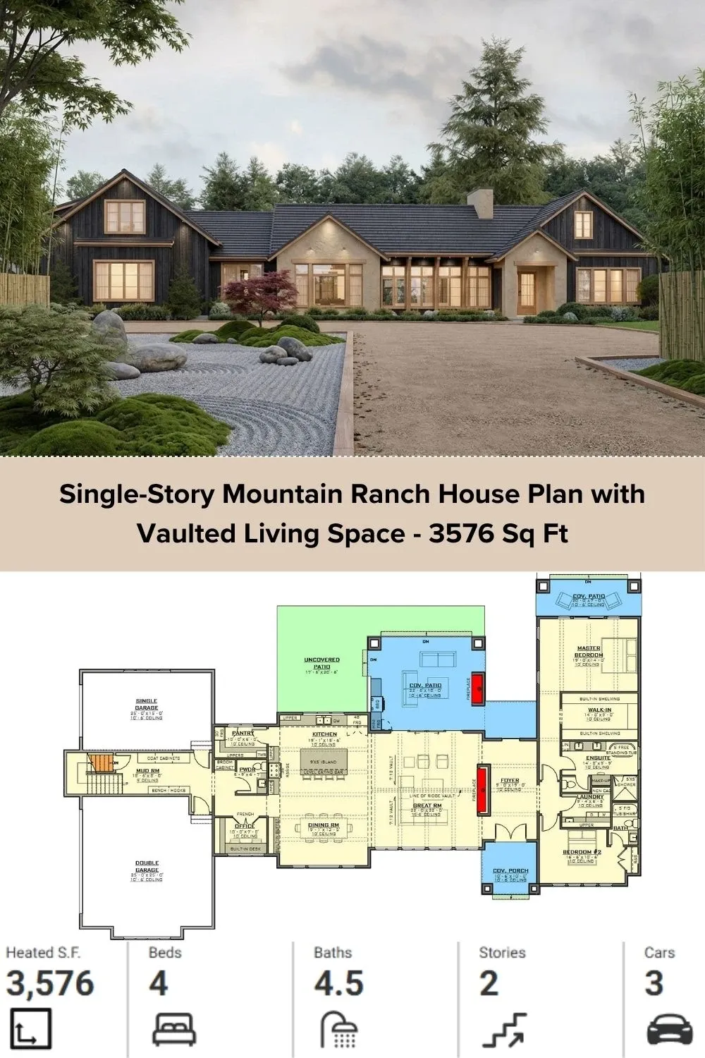 Japandi-Style Ranch Home Plan with Detailed Layout
