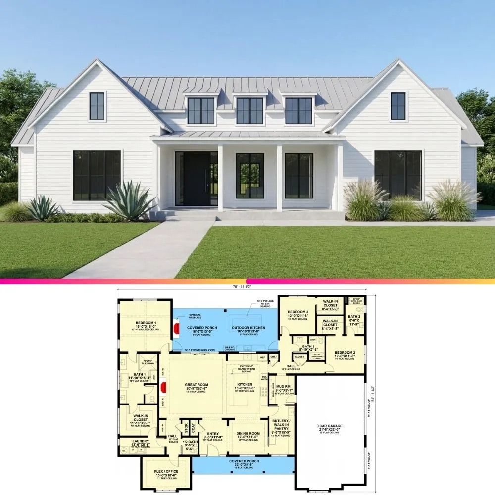 Single Story Modern Farmhouse Plan with Outdoor Kitchen