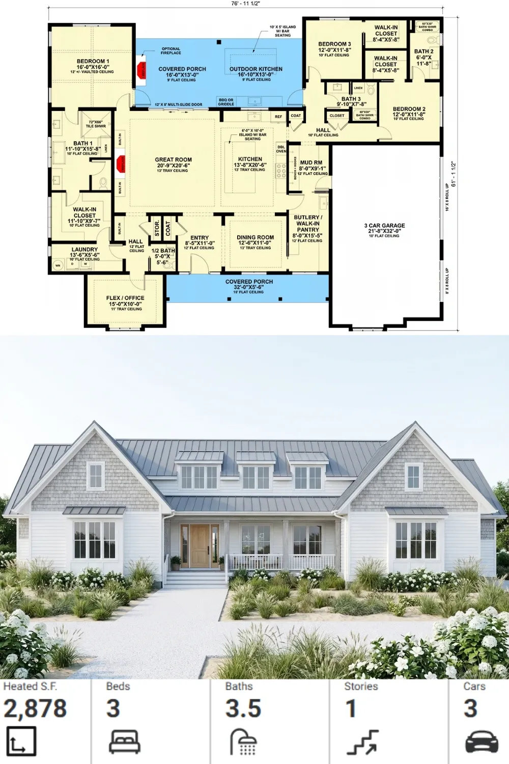 Coastal Style Farmhouse Floor Plan & Facade
