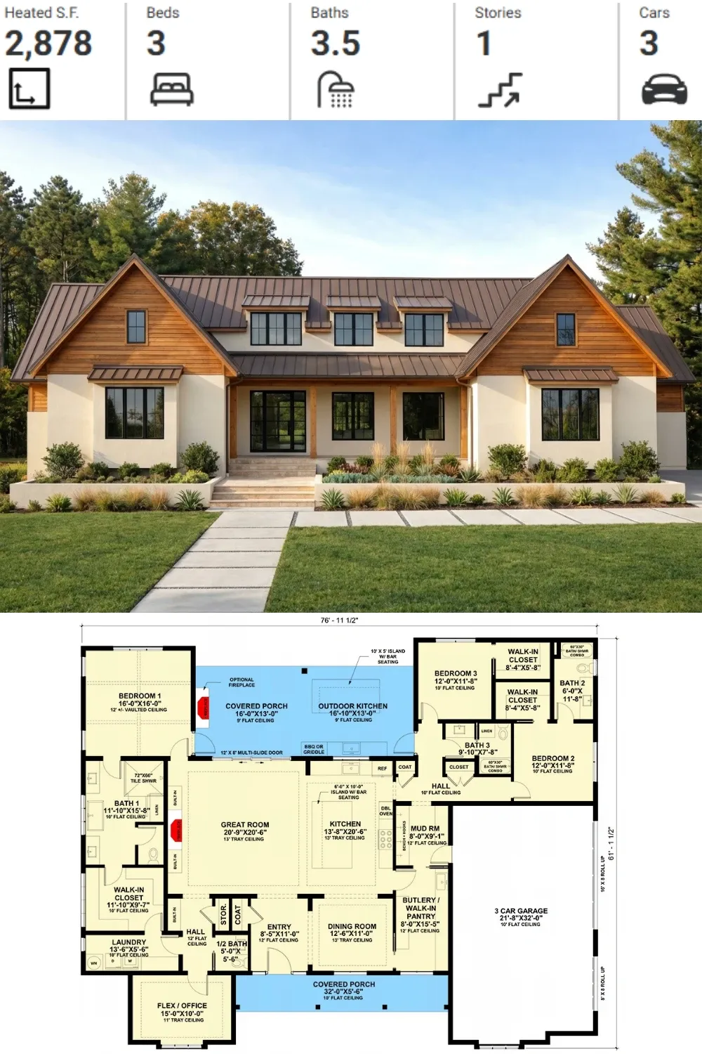 Warm Wood & Stucco Transitional House Plan