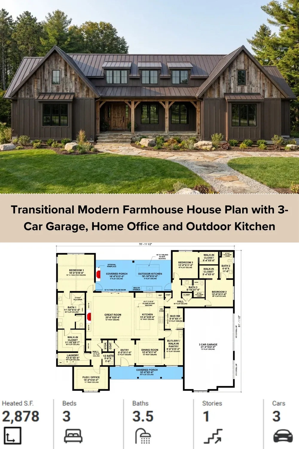 Rustic Modern Farmhouse Plan with 3-Car Garage