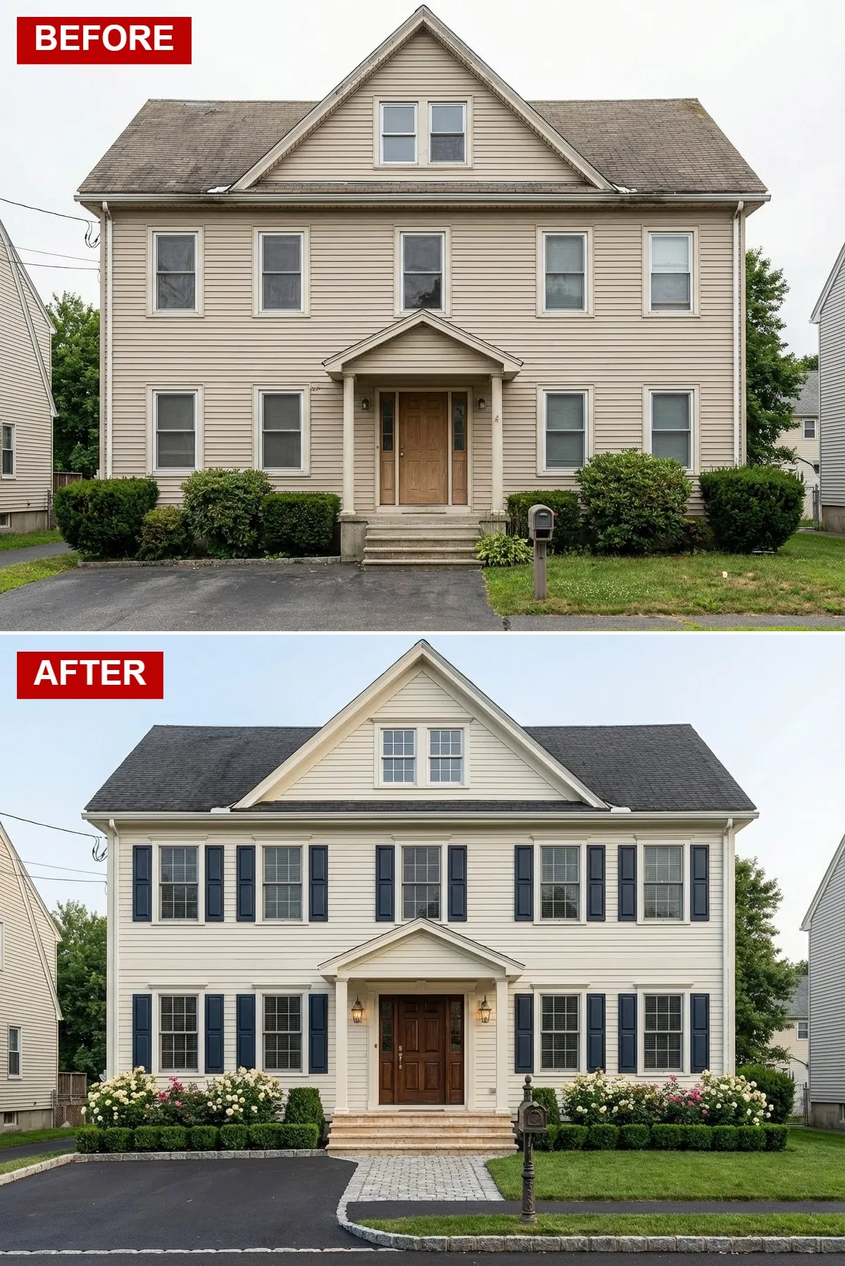 Traditional beige home transformed with navy blue shutters, creamy off-white siding, stone-clad steps, and cobblestone walkway