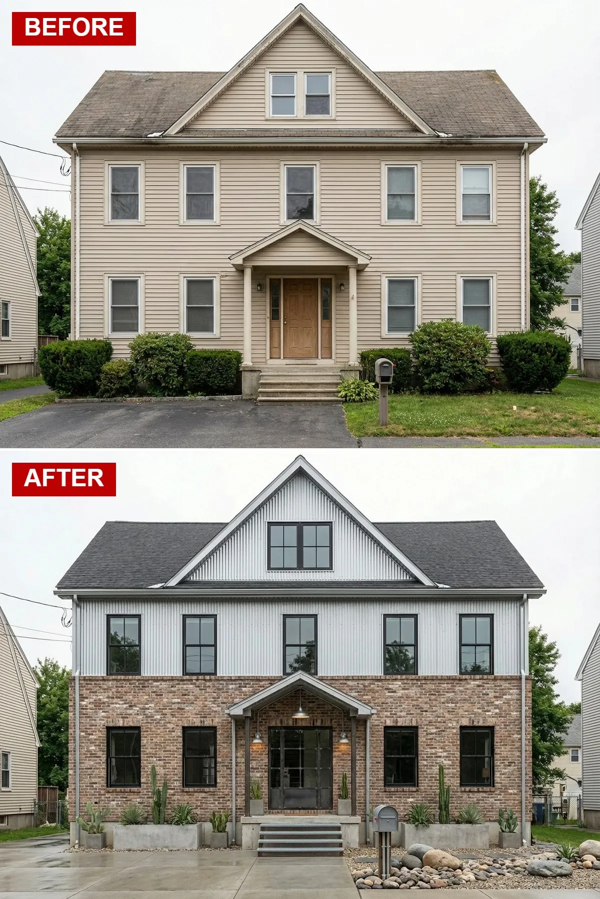 Urban industrial converted-warehouse style home with aged brick lower facade, galvanized corrugated metal upper siding, steel-framed glass door, and concrete paver driveway with cacti