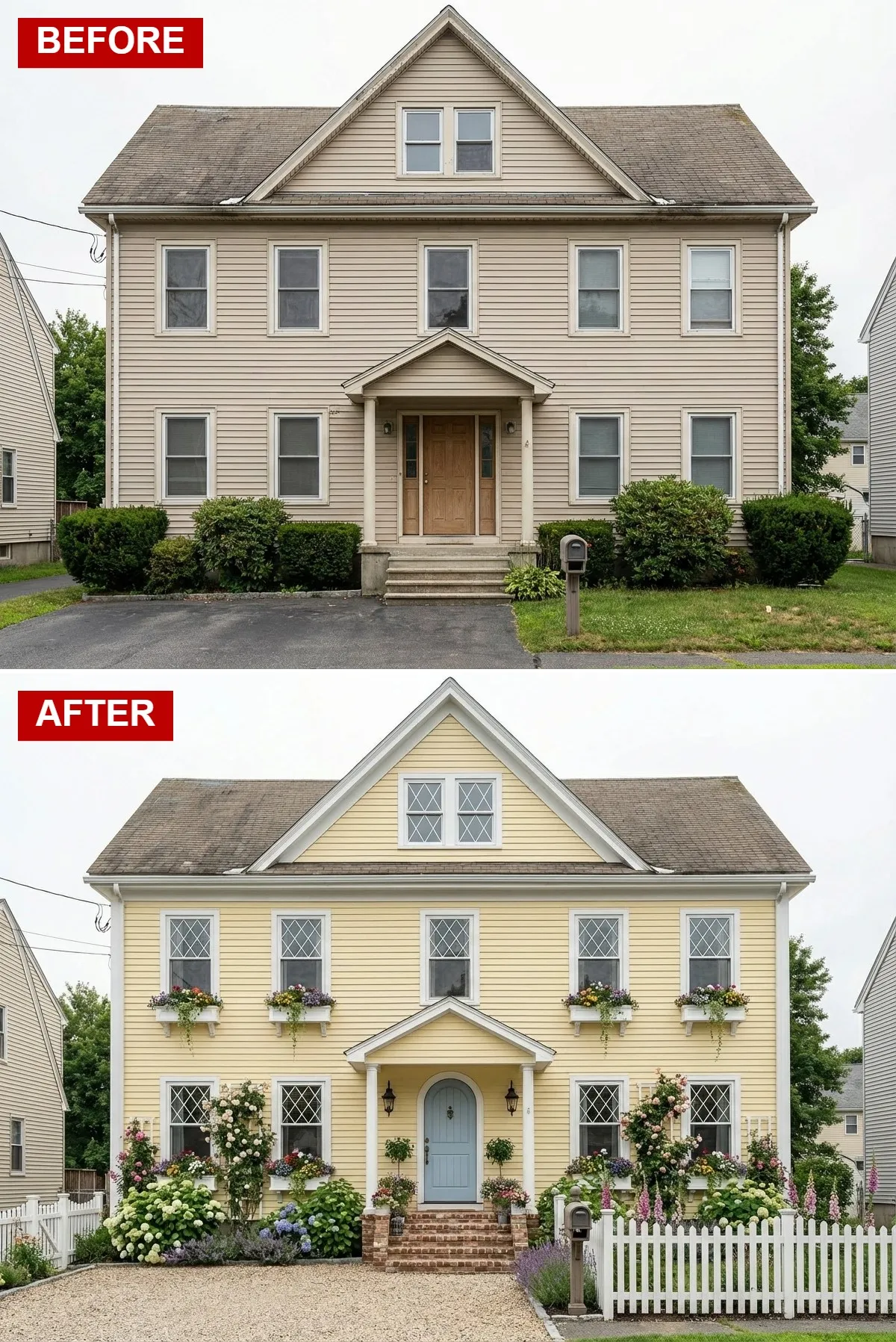 Pale yellow storybook cottage with white picket fence, diamond-grid window panes, arched blue front door, climbing roses, hydrangeas, and brick walkway