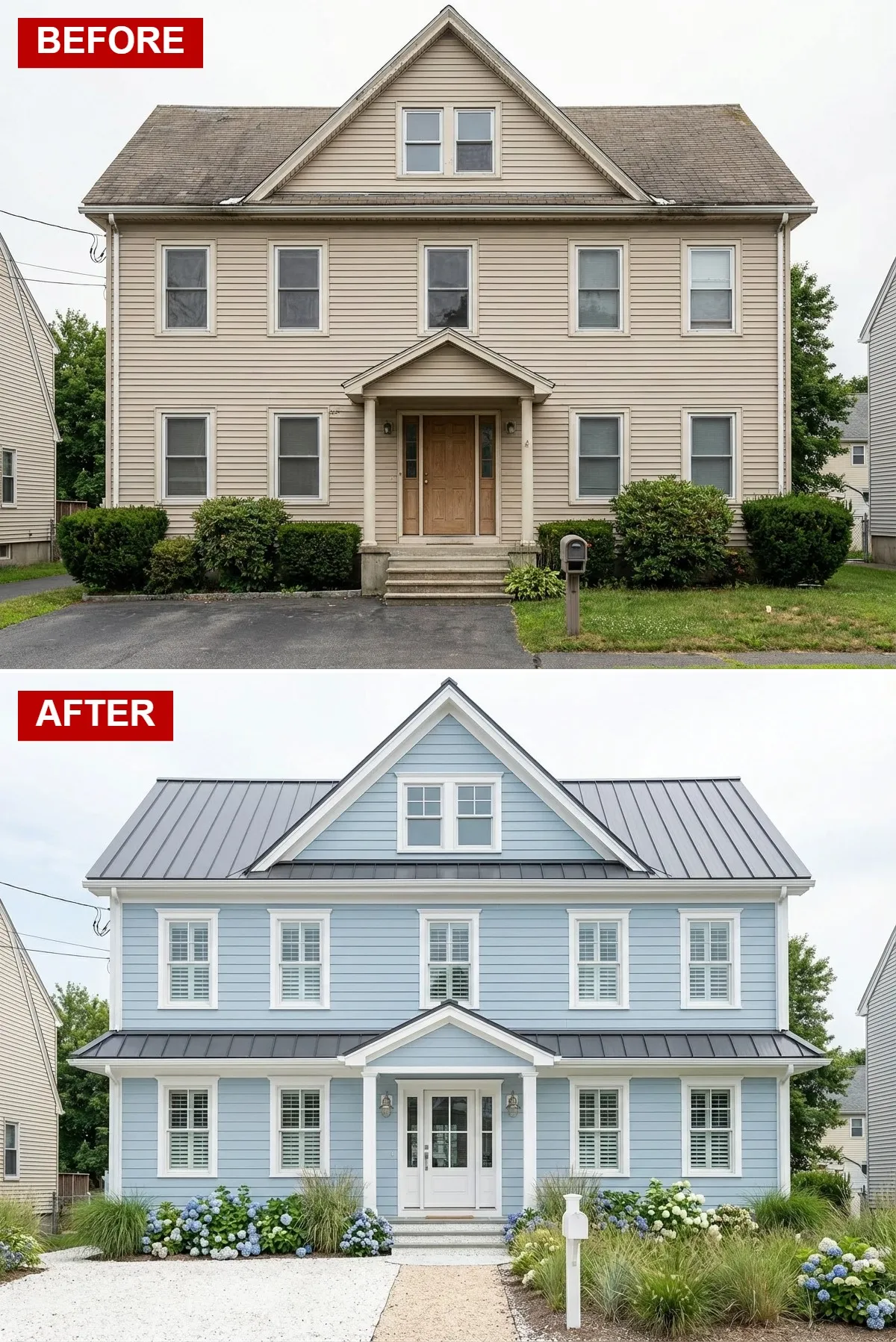 Light blue coastal home with standing seam metal roof, white trim, hydrangeas, and white gravel driveway
