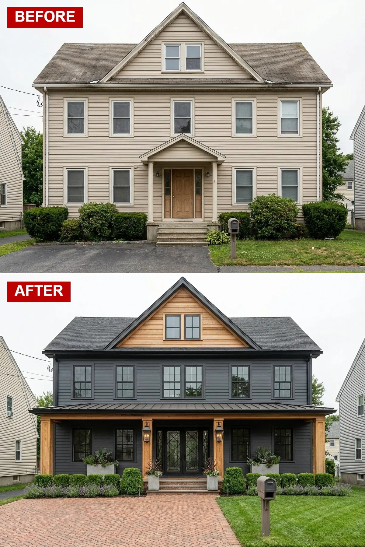 Charcoal grey modern farmhouse with natural cedar gable accent, black steel windows, and red brick walkway