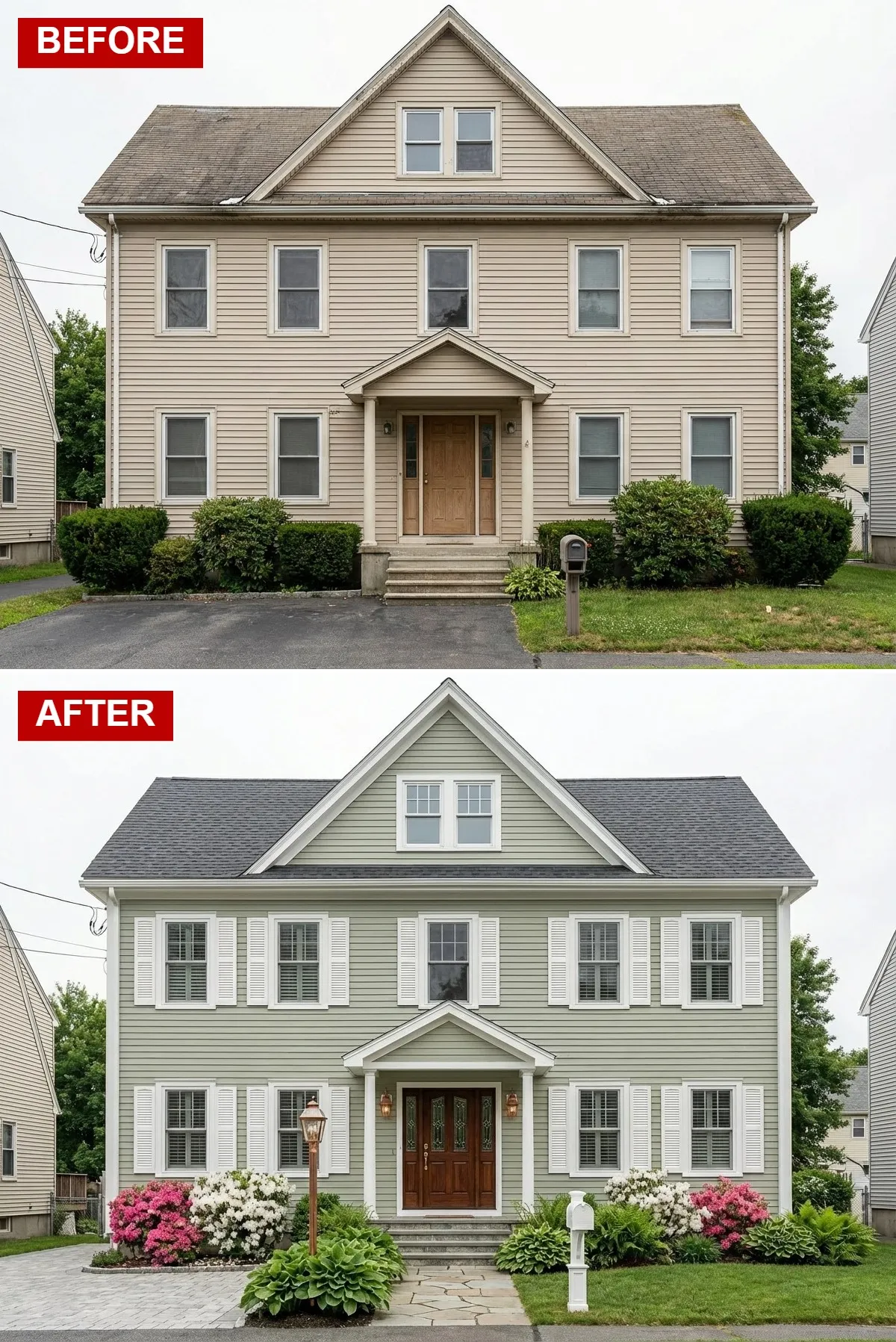Sage green traditional home with white shutters, copper lantern, flagstone walkway, and azalea garden borders