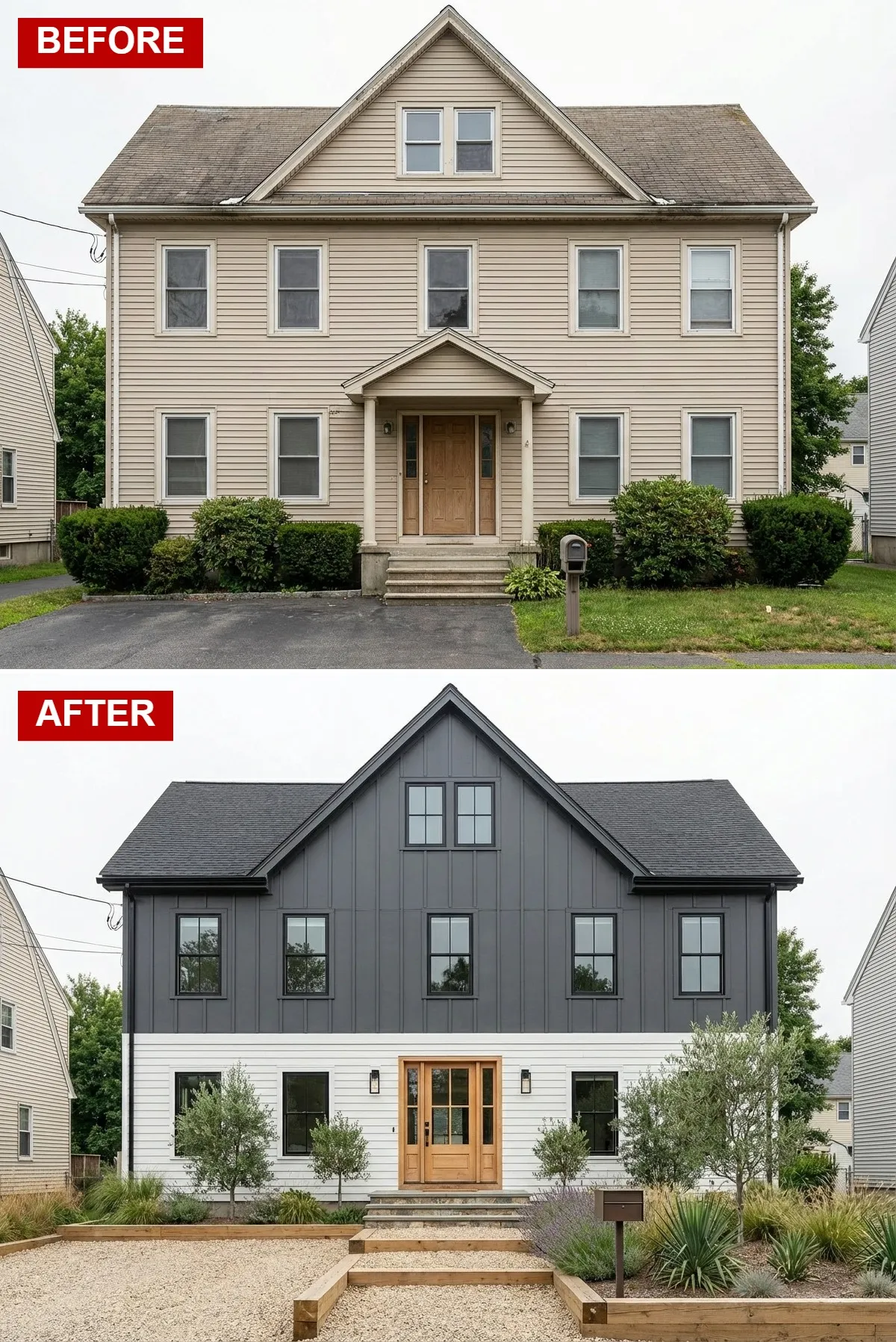 Two-tone Scandinavian modern home with charcoal vertical batten upper siding, white horizontal lower siding, and drought-tolerant landscaping