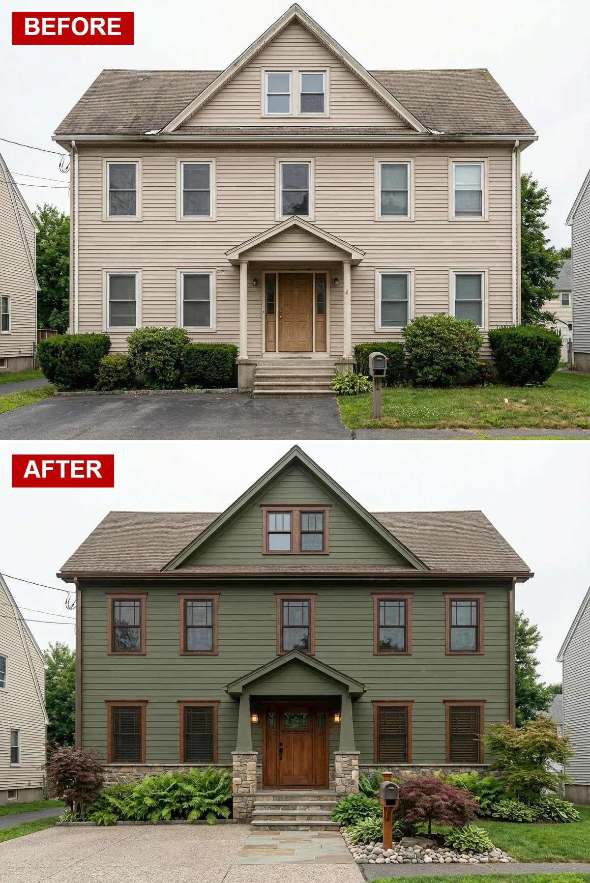 Olive green Craftsman bungalow with dark wood trim, stone veneer foundation, timber porch piers, and Japanese maple landscaping