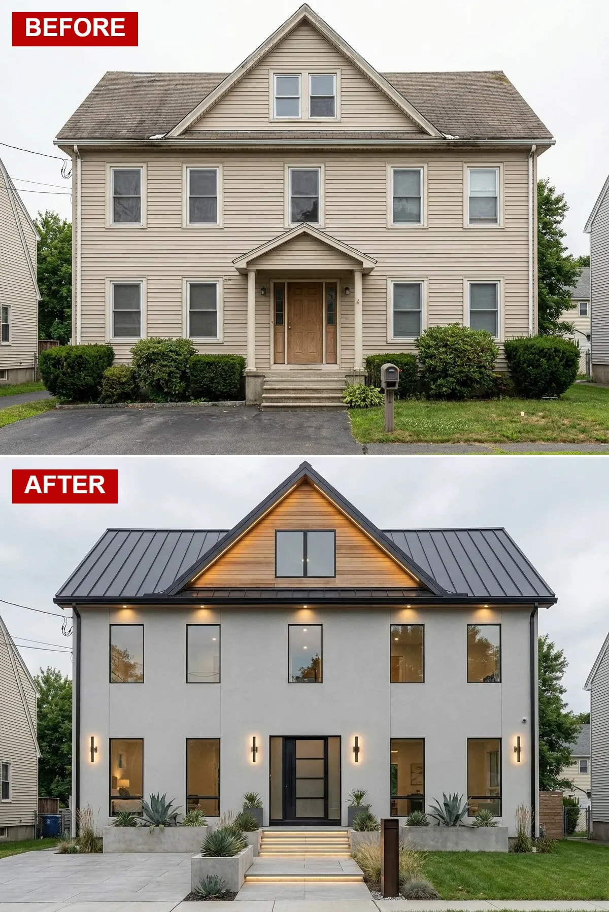 Ultra-modern minimalist home with smooth light grey stucco, warm teak gable cladding, integrated LED lighting, pivot door, and large-format concrete paver driveway