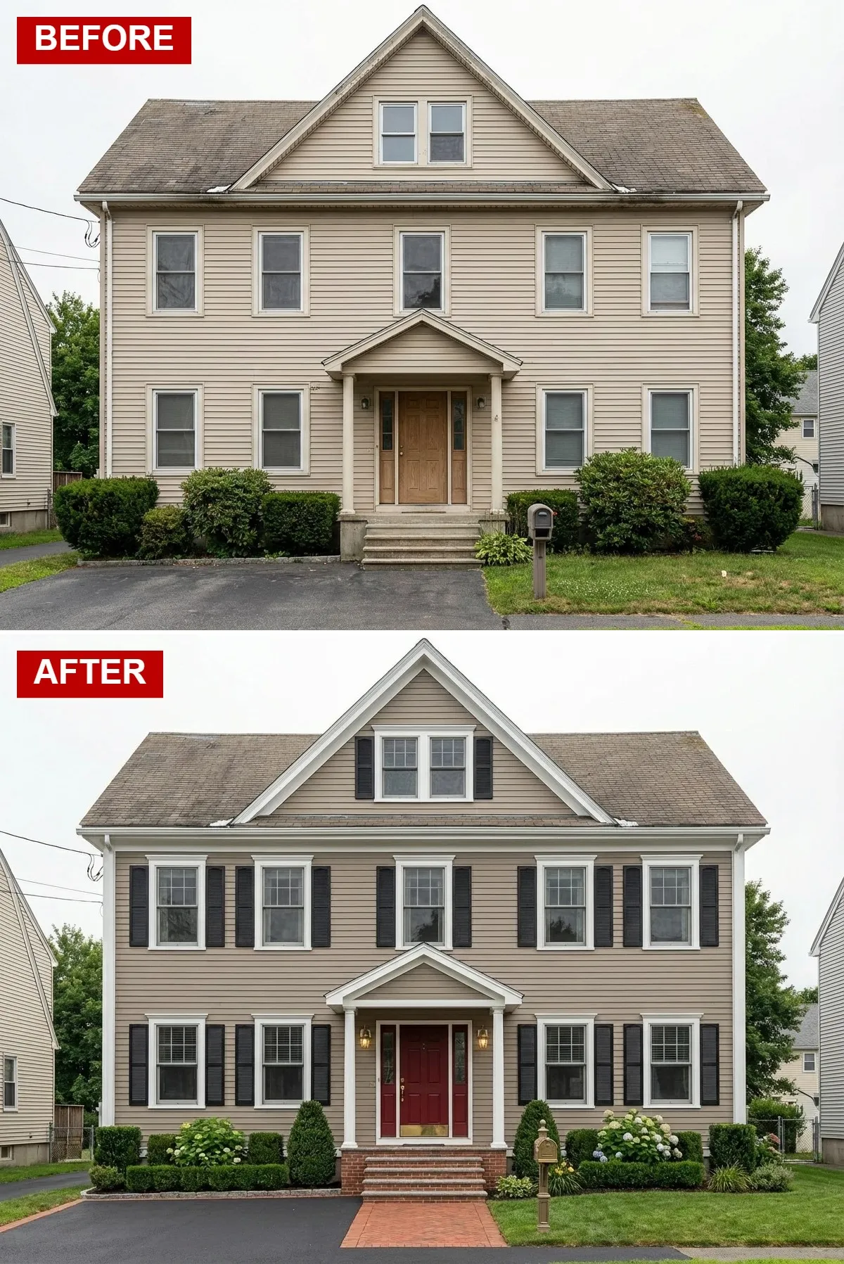 Warm taupe Colonial home with black shutters, bold red front door with brass kickplate, red brick walkway, and sculpted hedges