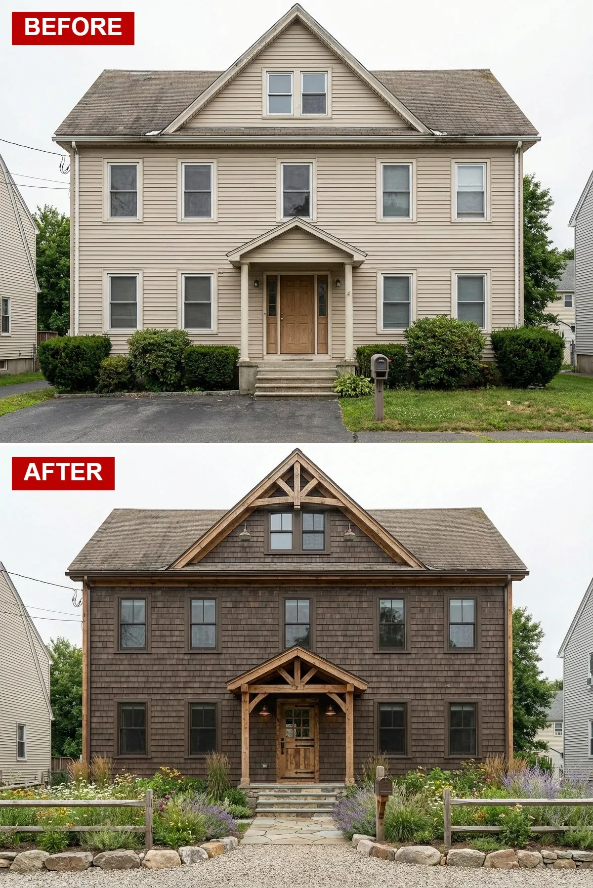 Rustic lodge-style home with dark cedar shake siding, heavy timber gable framing, stone foundation, split-rail fence, and wildflower meadow landscaping